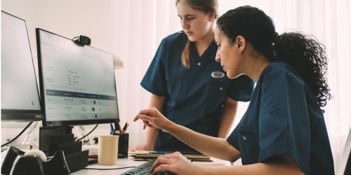 Two professional caregivers have a discussion during a shift while looking at a monitor 