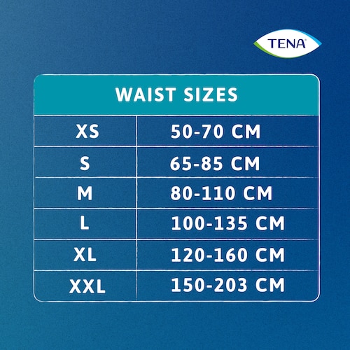 Size guide for TENA ProSkin Pants