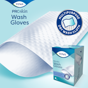 Le gant TENA Wash Gloves ProSkin couvre toute la main pour un nettoyage hygiénique idéal pour les soins liés à l’incontinence