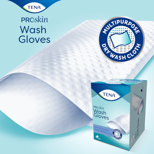TENA ProSkin Wash Gloves bedekken de hele hand voor een hygiënische reiniging – ideaal voor incontinentiezorg