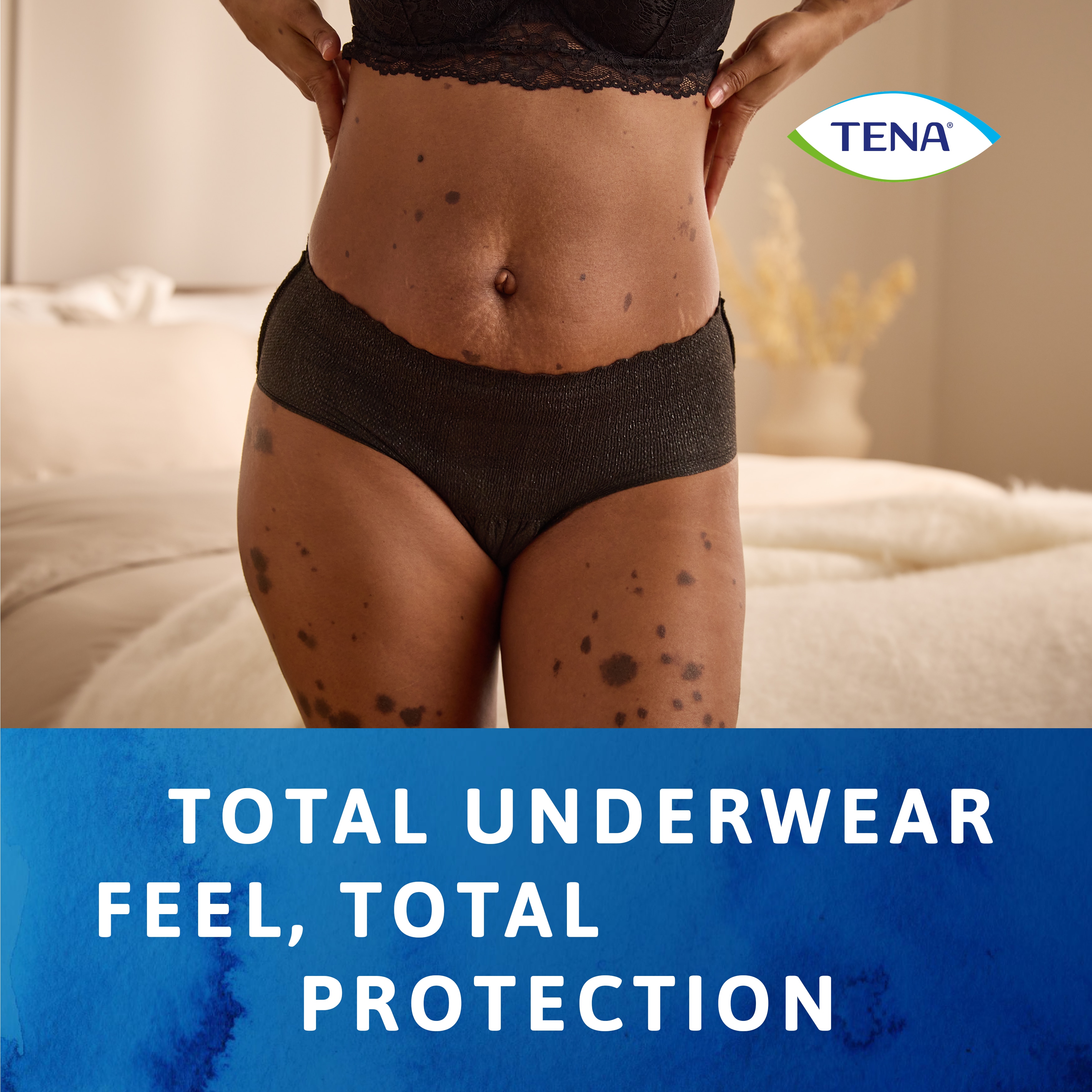 Mulher a usar roupa interior TENA Silhouette que proporciona proteção total