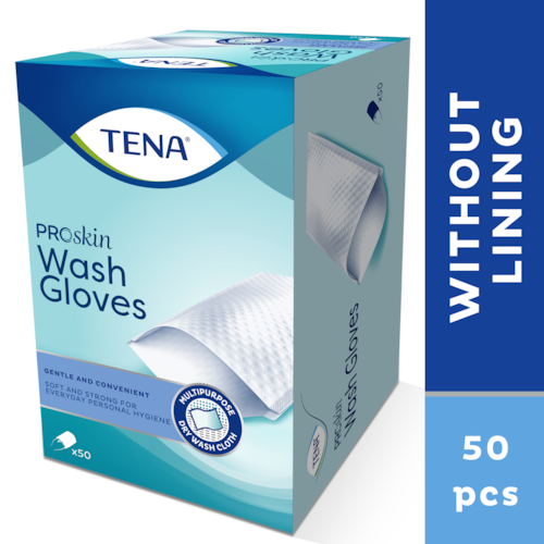 TENA ProSkin Wash Gloves 50 stuks | Droge washand zonder plastic binnenzijde voor het dagelijks wassen van het lichaam en incontinentiezorg