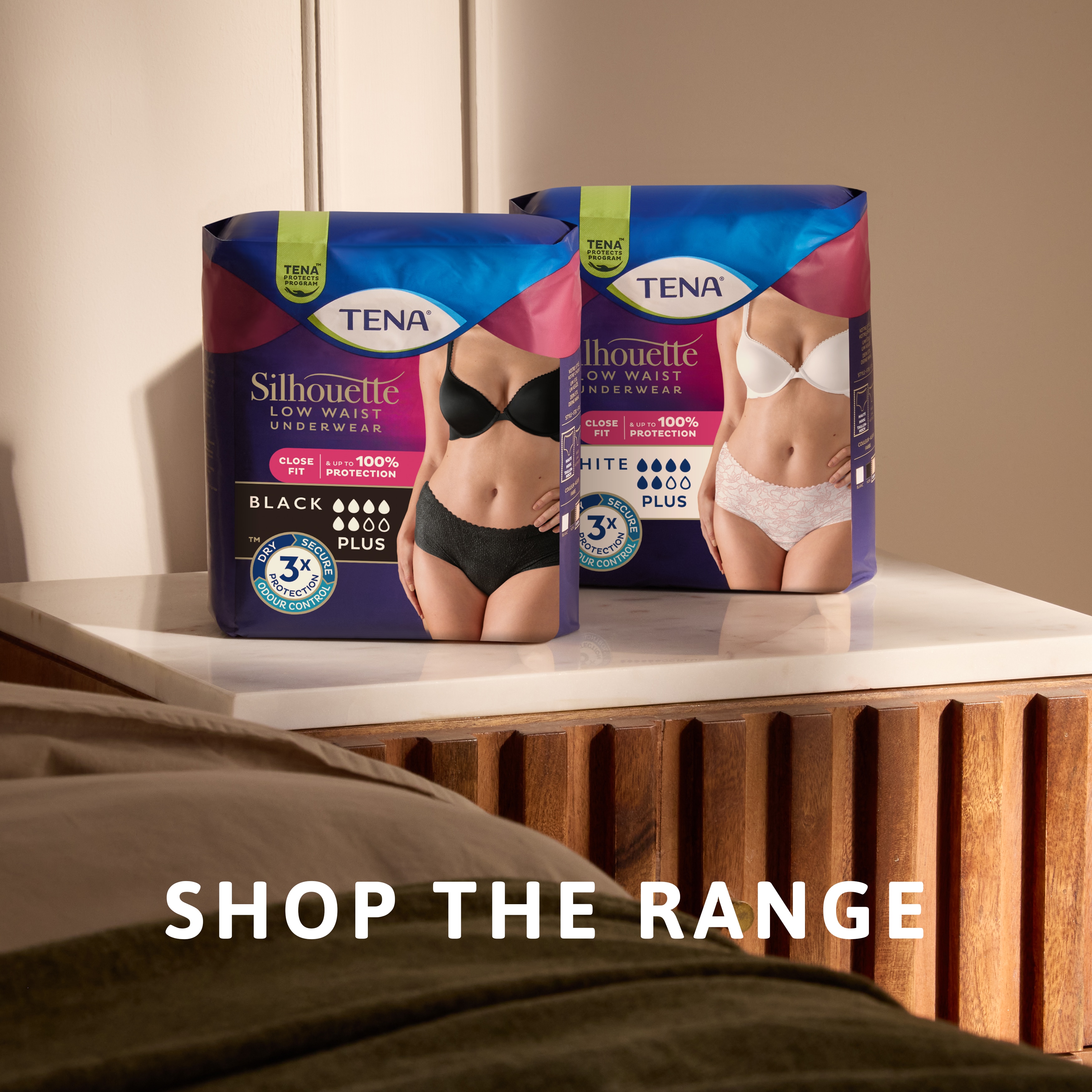TENA Silhouette produkter på ett sängbord