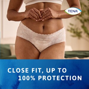 Woman wearing TENA Silhouette underwear with body close fit and up to 100% protection