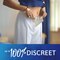 A business woman buttoning a pair of white dress slacks while wearing TENA underwear. A text underneath the photo reads "up to 100% discreet".