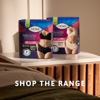 Produtos TENA Silhouette na mesa de cabeceira