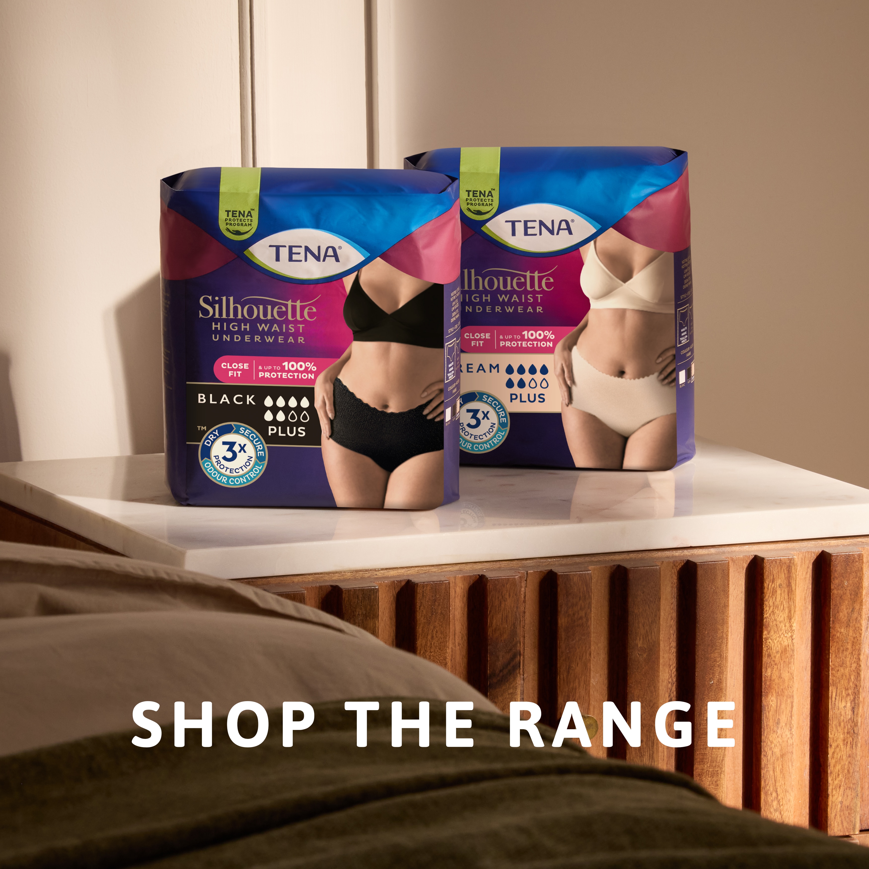 TENA Silhouette produkter på ett sängbord