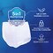 TENA underwear displayed with a shield displaying "5in1 Protection". 100% breathable, secure, dry, soft, odor control. Icons to the right displays "Soft and 100% breathable materials", "Absorbent core to help keep you dry & control odor", and "Secure barrier system". 