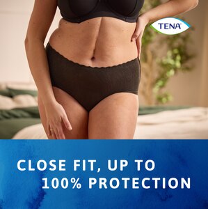 Woman wearing TENA Silhouette underwear with body close fit and up to 100% protection