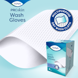 Le gant TENA Wash Gloves ProSkin couvre toute la main pour un nettoyage hygiénique idéal pour les soins liés à l’incontinence