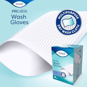 Le gant TENA Wash Gloves ProSkin couvre toute la main pour un nettoyage hygiénique idéal pour les soins liés à l’incontinence