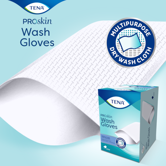 TENA ProSkin Tvätthandske täcker hela handen för hygienisk rengöring och lämpar sig utmärkt för inkontinensvård