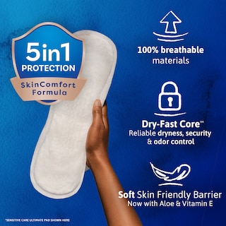 TENA Sensitive Care Pads offer 5 in 1 protection with SkinComfort Formula. 