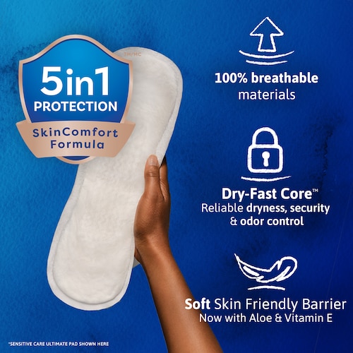 TENA Sensitive Care Pads offer 5 in 1 protection with SkinComfort Formula. 