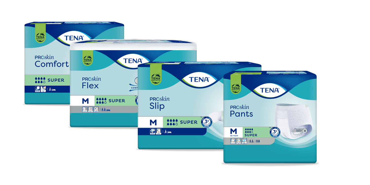 Das komplette Sortiment an absorbierenden Inkontinenzprodukten von TENA ProSkin ist kompatibel mit dem TENA SmartCare Wechselindikator