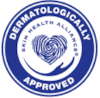 Blue circular seal with "Dermatologically Approved" and "Skin Health Alliance" text, featuring a heart with a fingerprint pattern.