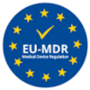 EU-MDR logo with yellow stars forming a circle around a blue background, featuring a check mark and "Medical Device Regulation" text.