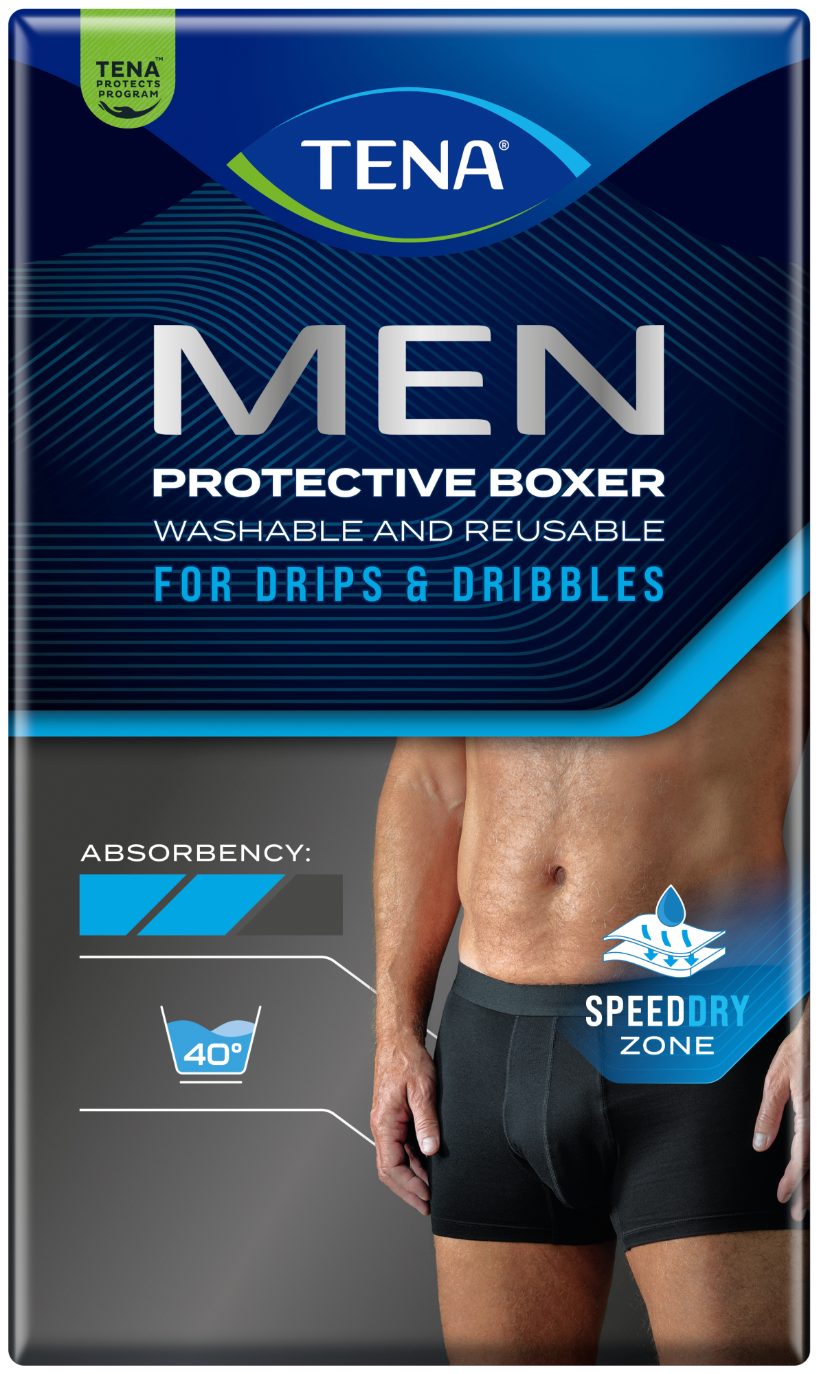 TENA Men absorberande boxershorts | Tvättbara kalsonger för lätt inkontinens| svart