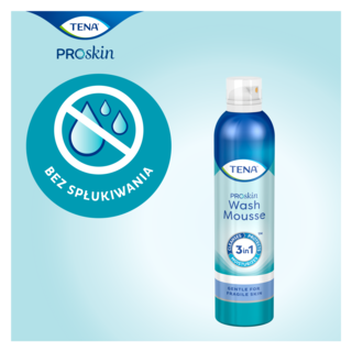 TENA ProSkin Wash Mousse bez spłukiwania, delikatna dla wrażliwej skóry, na niebieskim tle.