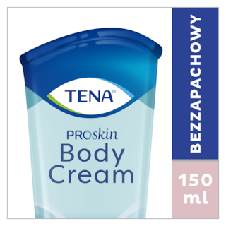 Krem do ciała TENA w niebieskim opakowaniu, 150 ml, nawilżający i pielęgnacyjny.