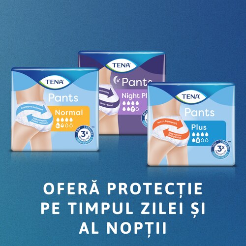 Imagini cu ambalajele gamei de chiloți  TENA: Normal, Plus și Plus Night. Mesajul transmite „Oferă protecție pe timpul zilei şi al nopții”.