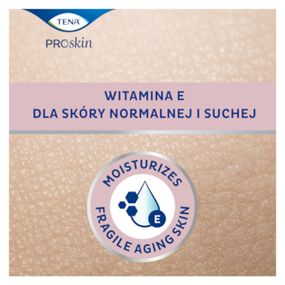 Certyfikat dermatologiczny TENA dla skóry normalnej i suchej, z logo TENA na tle skóry.