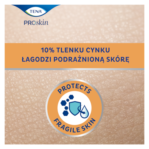 Logo z niebieskim motywem i certyfikatem dermatologicznym przedstawiające zalety kremu z cynkiem TENA SkinCare