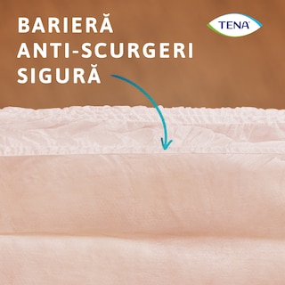 Prim-plan al unui chilot TENA, pentru a arăta barierele anti-scurgere. O săgeată indică barierele laterale ridicate ale produsului, iar legenda spune „Bariere anti-scurgere sigure”.