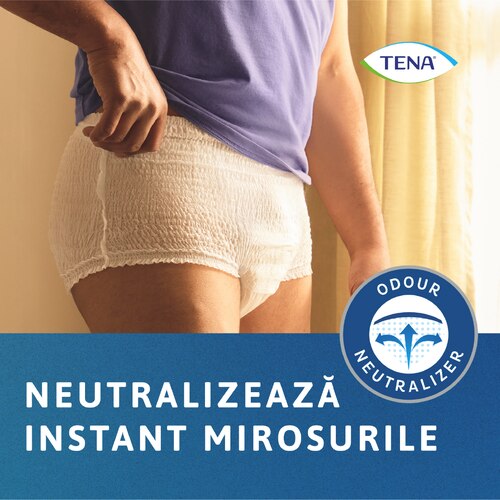 Persoană care poartă chiloți TENA,  prezentați din lateral. Mesajul transmite „Neutralizează instant mirosurile”.