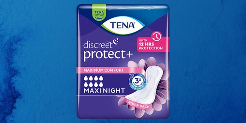 A pack of TENA Protect+ Maxi Night incontinence pads against a blue background