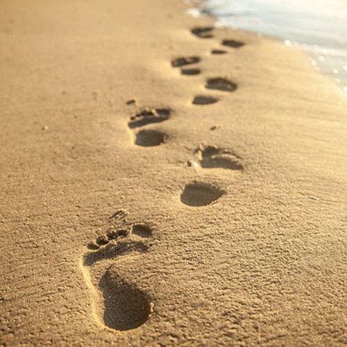 Footprints in the sand near the shoreline with gentle waves approaching.