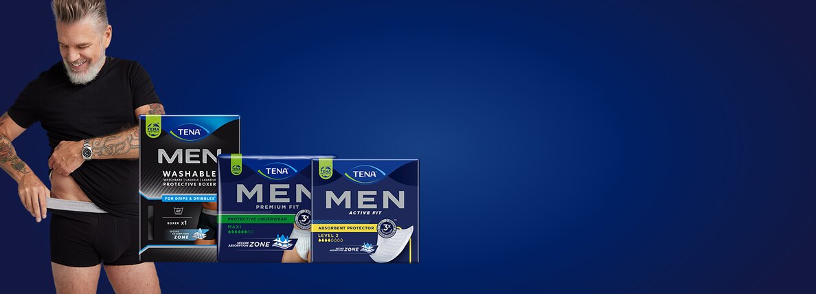 Close up of a man wearing TENA Men Washable Protective Boxers