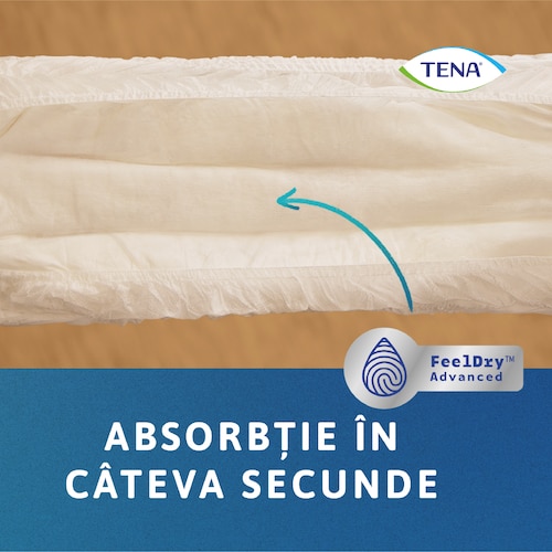 Chiloți TENA prezentați din interior, complet extinși. Mesajul transmite „absoarbe în câteva secunde”