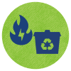 Icons of a fire and a recycling box on a green background