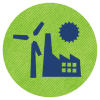 Icons of a factory and a wind mill on a green background