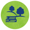 Icons of a pile of logs, and two trees, on a green background