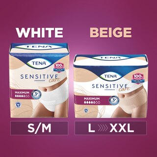TENA Sensitive Care Maximum underwear are available in two different colors, white and beige. White is only available in sizes S/M and beige is available in sizes L, XL and XXL.