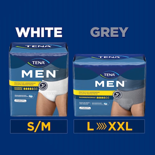 TENA Men Protective Underwear Maximum are available in two different colors, white and gray. White is only available in sizes S/M and gray is available in sizes L, XL and XXL.