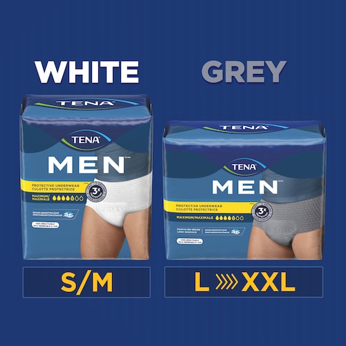 TENA Men Protective Underwear Maximum are available in two different colors, white and gray. White is only available in sizes S/M and gray is available in sizes L, XL and XXL.