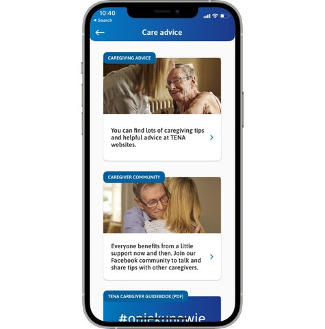Smartphone showing TENA SmartCare app screen 1