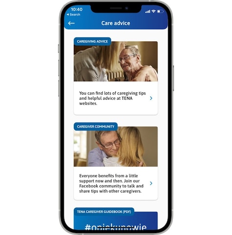 Smartphone showing TENA SmartCare app screen 1