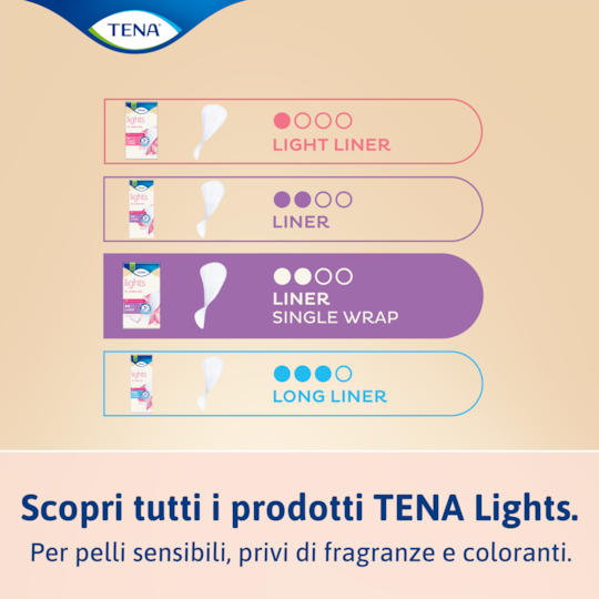 Trova il tuo proteggi-slip preferito nella gamma di protezioni per incontinenza TENA lights per pelli sensibili