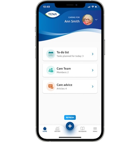 Smartphone showing TENA SmartCare app screen 2 Smartphone showing TENA SmartCare app screen 2