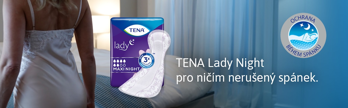 Paní v ložnici a produkt TENA Lady Maxi Night