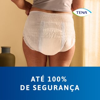 TENA Pants protect+ vistas a serem usadas no corpo por trás, destacando a segurança de até 100% que proporcionam