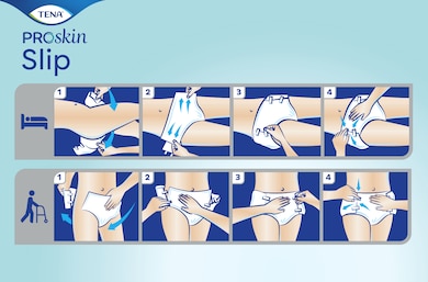 Meilleure façon de mettre en place le change pour adultes TENA ProSkin Slip en position debout ou couchée Meilleure façon de mettre en place le change pour adultes TENA ProSkin Slip en position debout ou couchée