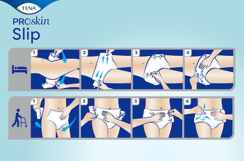Najbolji način za postavljanje TENA ProSkin Slip pelena za odrasle jest u stojećem ili ležećem položaju