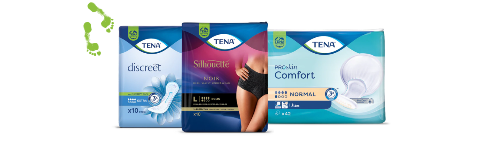 Confezioni di prodotti TENA: TENA Discreet, TENA Silhouette Noir e TENA ProSkin Comfort - TENA