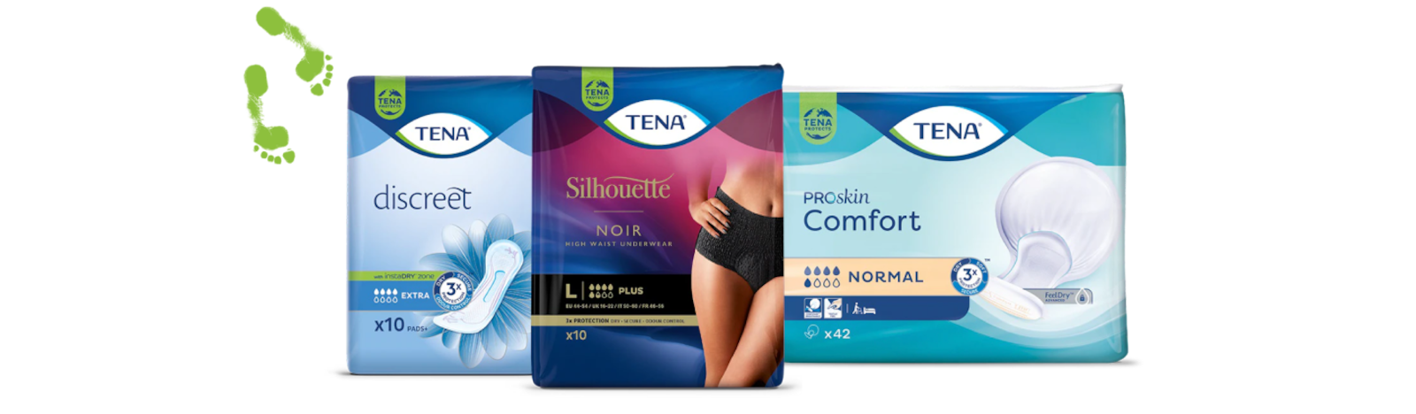 Förpackningsbilder av TENA Silhouette trosor, TENA Discreet binda och TENA ProSkin Comfort