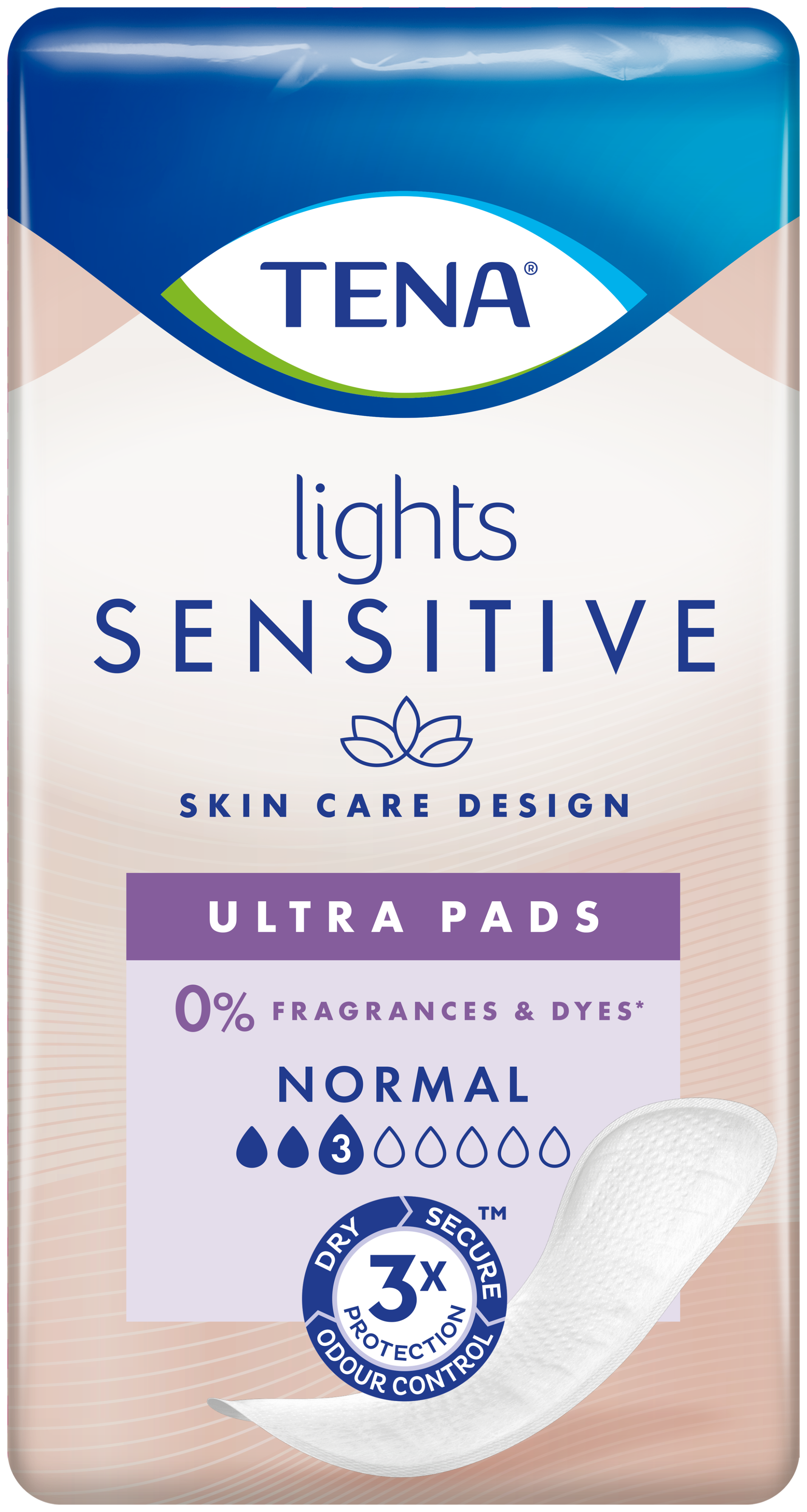 Pack shot of TENA Lights Sensitive Ultra Pads Normal